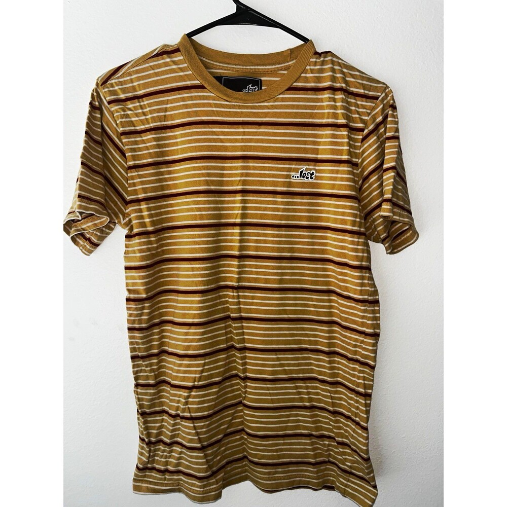 Lost Striped Crew Neck Short Sleeve T-Shirt Men's Size S Tan White Burgundy